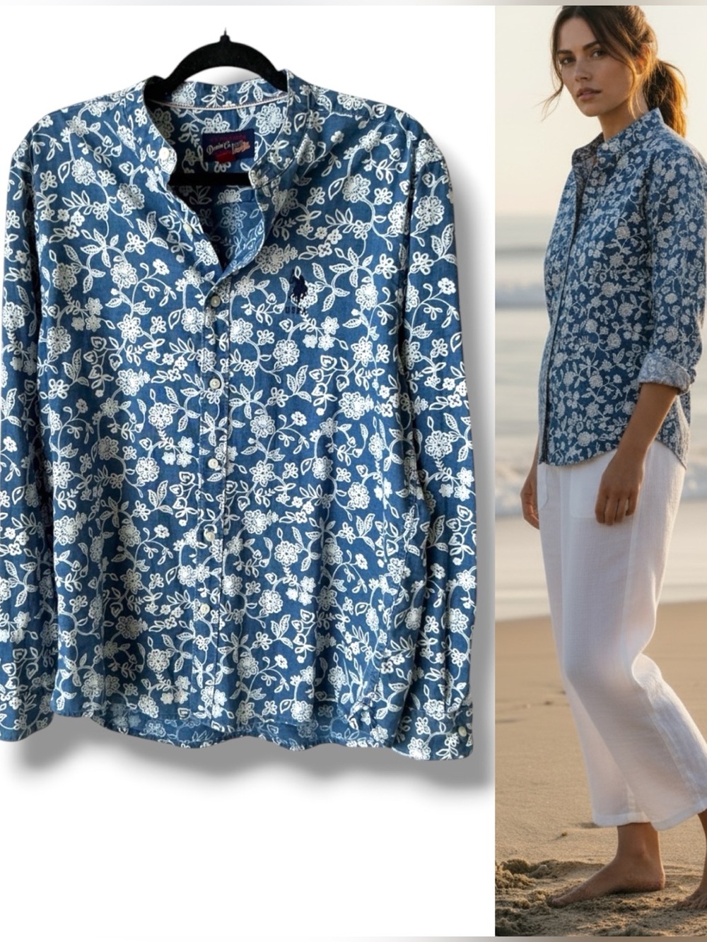 U.S. POLO ASSN. Blue White Floral Denim  Button Up Shirt Red Tag Large